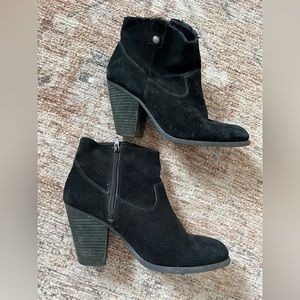 Vince Camuto, black suede booties with Block Heel